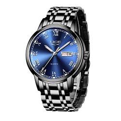 LIGE Uhren Herren Mode Edelstahl Wasserdicht Analoger Quarzuhr Auto-Kalender Geschäft Kleid Armbanduhr Maenner (Steel Blue) von LIGE