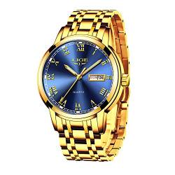 LIGE Uhren Herren Mode Edelstahl Wasserdicht Analoger Quarzuhr Auto-Kalender Geschäft Kleid Armbanduhr Maenner (Steel Gold Blue) von LIGE
