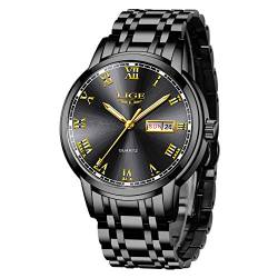 LIGE Uhren Herren Mode Schwarz Edelstahl Quarz Uhr Männer Datum Kalender Wasserdicht Sport Armbanduhr von LIGE