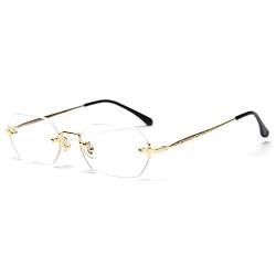 LIGOES männer rechteckig sonnenbrille rahmenlose sonnenbrille randlos achteckig kleine brillen frauen metall gold polygon blau braun uv400 (gold with clear) von LIGOES