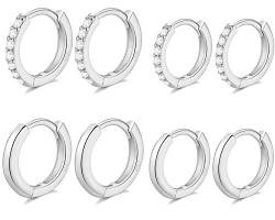 LIHELEI 4 Paare Silber Creolen für Frauen mit Zirkonia, Knorpel Manschette Huggie Ohrring Set für Hochzeit Geburtstag Muttertag Geschenk-Silber von LIHELEI