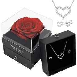 LIHELEI Konservierte Rose GeschenkBox mit Herz Halskette Ohrringe, Echte Rose Blume Geschenke für Sie Frauen Freundin Ehefrauen Mama am Valentinstag Muttertag Geburtstag-Rot von LIHELEI