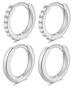 LIHELEI Silber Creolen Ohrringe für Damens, S925 Sterling Silber Creolen mit AAA Zirkonia, Hypoallergen Klein Schlafen Kreolen für Geburtstagsgeschenk-2 Paare Silber von LIHELEI