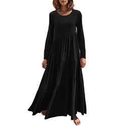 Damen Langarm Rundhals Solid Casual Maxikleider Flowy Herbst Lange Kleider Rüschensaum Boho Rüschen Langes Strandkleid Damen Sommer, Schwarz , Medium von LIJCC