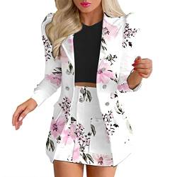 Damen Langarm Zweireihiger Blazer Rock Anzug Blumenmuster Zweiteilige Jacke Anzug Damen, rose, Medium von LIJCC