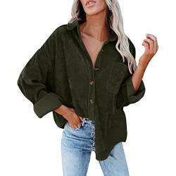 Herbstjacke Damen Cord Button Down Hemd Oversized Blusen Tops Langarm Casual Warm Jacke mit Taschen, armee-grün, 38 von LIJCC