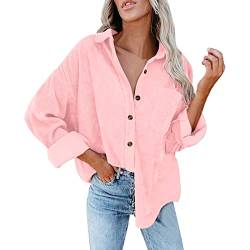 Herbstjacke Damen Cord Button Down Hemd Oversized Blusen Tops Langarm Casual Warm Jacke mit Taschen, hot pink, 46 von LIJCC