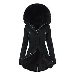 LIJCC Die leichte Jacke Frauen Plus Größe Täglich Wintermantel Kragen Langarm Jacke Vintage Dicken Mantel Jacke Warme Kapuze Dicke gepolsterte Oberbekleidung (Black, XXL) von LIJCC