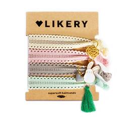 Supersofte Haargummis | Armbänder | Geschenke für Frauen Kinder Mädchen | Haargummi Anhänger | Armband aus Stoff mit Glitzer und süßen Anhängern | Farbe: Pastelltöne (Springlove) von LIKERY