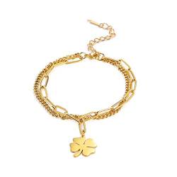 LIKGREAT Vierblättrige Kleeblätter Armbänder für Frauen Mädchen Saint Patrick's Day Herzförmiges Glücksarmband Irischer Glücksbringer Edelstahlschmuck Geschenke für Weihnachten Neujahr (Stil 1-Gold) von LIKGREAT