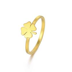 Vierblättriger Kleeblatt Ring für Frauen Mädchen Saint Patrick's Day Ringe Herzförmiger Kleeblattring Glücksbringer Amulett Schutz Edelstahlschmuck Geschenke für Urlaub (Durchmesser 18mm, Gold) von LIKGREAT