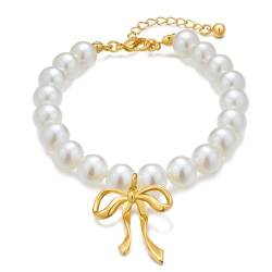 LILIE&WHITE Perlen-Schleifen-Armbänder für Damen, goldene Schleife, Charm-Armband, zierliche Schleifen-Armbänder, runde Imitationsperlen-Armbänder, verstellbare Größe, Armbänder von LILIE&WHITE