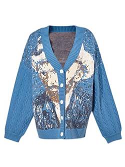 LILILEIDY Van Gogh Vintage Strickjacke Strick Herbst Winter Pullover Mantel Lazy V-Ausschnitt Pullover Jacke Lose, Blau, EinheitsgröÃŸe von LILILEIDY