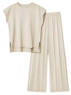LILLUSORY 2-teiliges Outfit für Damen, gestrickt, leicht, Pullover-Set, lässig, Lounge-Sets, kurzärmelig, Oberteil, elastische Taille, Beige, M von LILLUSORY