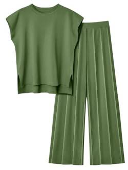 LILLUSORY 2-teiliges Outfit für Damen, gestrickt, leicht, Pullover-Set, lässig, Lounge-Sets, kurzärmelig, Oberteil, elastische Taille, Grün, M von LILLUSORY