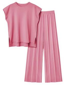 LILLUSORY 2-teiliges Outfit für Damen, gestrickt, leicht, passende Lounge-Sets, Flügelärmel, Oberteil und elastische Bundfaltenhose, Pink, M von LILLUSORY