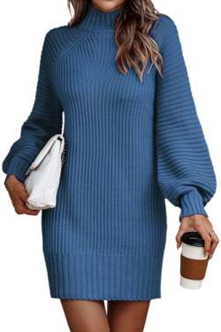 LILLUSORY Damen 2023 Trendiges Stehkragen Kleid für Frauen Langarm Rippstrick Pulloverkleid, Blau, Mittel von LILLUSORY