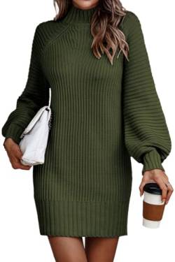 LILLUSORY Damen 2023 Trendiges Stehkragen Kleid für Frauen Langarm Rippstrick Pulloverkleid, Dunkelgrün, Groß von LILLUSORY
