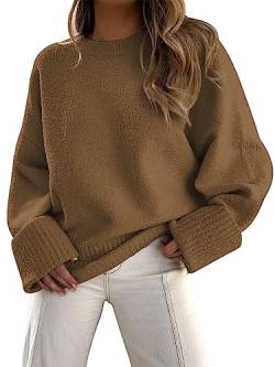 LILLUSORY Damen-Pullover mit Rundhalsausschnitt, übergroßer Strick, grob, warm, Dunkles Apricot, Klein von LILLUSORY