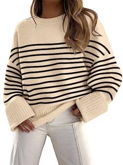 LILLUSORY Damen-Pullover mit Rundhalsausschnitt, übergroßer Strick, grob, warm, Streifen Aprikose, Groß von LILLUSORY