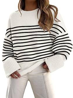 LILLUSORY Damen-Pullover mit Rundhalsausschnitt, übergroßer Strick, grob, warm, Streifen weiß, X-Groß von LILLUSORY