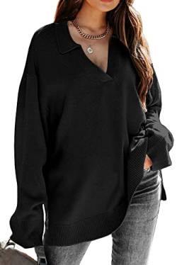 LILLUSORY Damen Pullover mit V-Ausschnitt, Übergröße, lange Ärmel, gerippt, Strickpullover, schwarz, Mittel von LILLUSORY