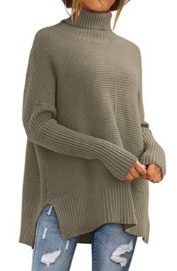 LILLUSORY Damen Rollkragenpullover Oversized Tunika Herbst Pullover 2022 Lange Fledermausärmel Spilt Hem Pullover Knit Sweater Tops, Hellkhaki, Groß von LILLUSORY