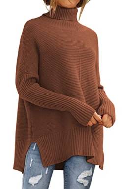 LILLUSORY Damen Rollkragenpullover Oversized Tunika Herbst Pullover 2022 Lange Fledermausärmel Spilt Hem Pullover Knit Sweater Tops, ziegelrot, Mittel von LILLUSORY