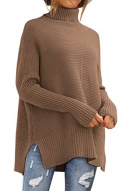 LILLUSORY Damen Rollkragenpullover Übergroße Tunika Herbst Pullover 2022 Lange Fledermausärmel Split Saum Pullover Strick Pullover Tops, Dunkles Apricot, X-Groß von LILLUSORY