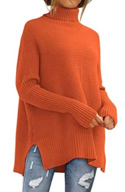 LILLUSORY Damen Rollkragenpullover Übergroße Tunika Herbst Pullover 2022 Lange Fledermausärmel Split Saum Pullover Strick Pullover Tops, Orange, X-Groß von LILLUSORY