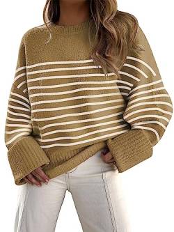 LILLUSORY Gestreifte Oversize-Pullover für Damen, Winter, flauschig, warm, Streifen Khaki, Groß von LILLUSORY