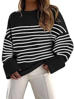 LILLUSORY Gestreifte Oversize-Pullover für Damen, Winter, flauschig, warm, Streifen schwarz, Klein von LILLUSORY