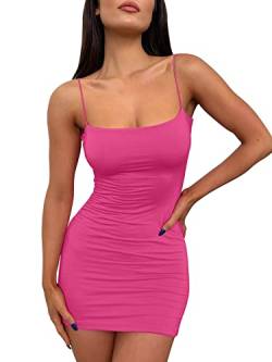 LILLUSORY Minikleid Sexy Bodycon Kleid 2024 Sommer Kurz Rückenfrei Spaghettiträger Enge Kleider Party Club Kleid, Pink, Mittel von LILLUSORY
