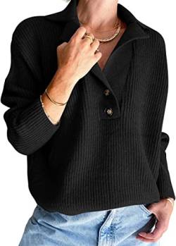 LILLUSORY Pullover mit Kragen für Damen, V-Ausschnitt, Poloshirt, Faltpullover, niedlicher Knopf-Strickpullover, schwarz, X-Groß von LILLUSORY