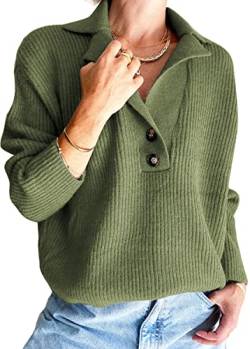 LILLUSORY V Ausschnitt Pullover für Frauen 2022 Druckknöpfe Pullover Strickpullover Foldover Collar Henley Tops, Grün , X-Groß von LILLUSORY