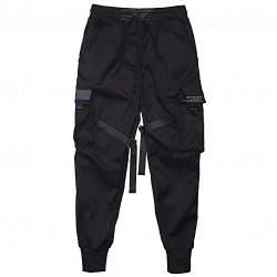 Schwarze Cargohose Hip Hop Cargohose Multi Pockets Straps Knöchelgebundene Männer Streetwear Kordelzug Lange Hose Kleidung-Schwarz_M. von LIMILI