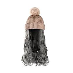 Damenperücke Mit Hut Damenmode lange lockige Welle Hut Perücke Herbst und Winter abnehmbare schwarz braun grau Perücke mit Hut Mütze Mit Befestigten Haaren für Damen (Color : 12) von LIMKOO