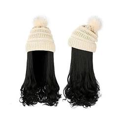 Damenperücke Mit Hut Mütze, langes gewelltes lockiges Haar, synthetische Perücke for Damen, Winter, warm, abnehmbare Strickmütze, 55,9 cm, goldbraune Perücke Mütze Mit Befestigten Haaren für Damen (C von LIMKOO