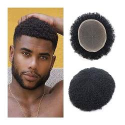 Perücken für Männer Afro Kinky Curly Herren-Toupet, 20,3 x 25,4 cm, volles Haarteil mit französischer Spitze, natürlicher Haaransatz, Echthaar-Ersatzeinheiten #1B, 4-mm-System for lockiges Haar Toupet von LIMKOO