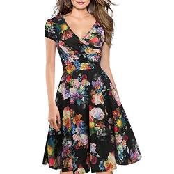 Women's Criss-Cross Necklines V-Neck Cap Sleeve Floral Casual Work Stretch Swing Summer Dress Party Dress Black(S) von LINCMAN