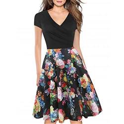 Women's Criss-Cross Necklines V-Neck Cap Sleeve Floral Casual Work Stretch Swing Summer Dress Party Dress Black Rose(XL) von LINCMAN