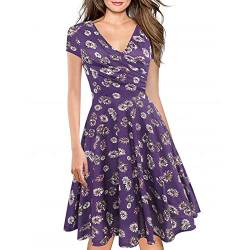 Women's Criss-Cross Necklines V-Neck Cap Sleeve Floral Casual Work Stretch Swing Summer Dress Party Dress Purple Floral(M) von LINCMAN