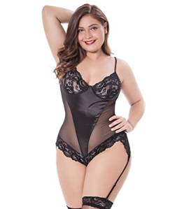 LINGERLOVE Damen Dessous in Übergröße, sexy Spitze, Bodysuit, rückenfrei, Babydoll mit Strumpfgürtel, S-6XL, Schwarz, 5X-Large/6X-Large von LINGERLOVE