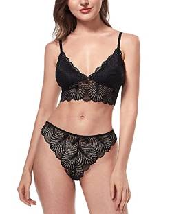 LINGERLOVE Damen Sexy Spitzen Dessous Set Strapsen BH und Höschen Unterwäsche Sets mit Abnehmbare Gepolstert von LINGERLOVE