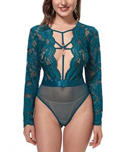 LINGERLOVE Dessous Damen Sexy Unterwäsche Lange Ärmel Spitzen Negligee EIN Stück Bodysuit V-Ausschnitt Oberteil Grün 3XL-4XL von LINGERLOVE