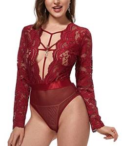 LINGERLOVE Dessous Damen Sexy Unterwäsche Lange Ärmel Spitzen Negligee EIN Stück Bodysuit V-Ausschnitt Oberteil Weinrot 3XL-4XL von LINGERLOVE