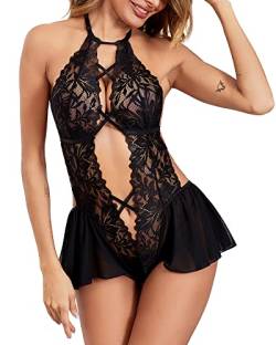 LINGERLOVE Dessous Damen Sexy Unterwäsche Spitze Bodysuit Neckholder V-Ausschnitt Teddy Lingerie 1 Teile große größen Babydoll S-4XL von LINGERLOVE