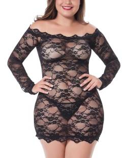 LINGERLOVE Sexy Spitze Negligee Grosse Grössen für Damen Babydoll Dessous Schulterloses Lingerie Nachtwäsche Spitzen-Kleid mit G-String S-4XL von LINGERLOVE