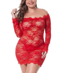 LINGERLOVE Sexy Spitze Negligee Grosse Grössen für Damen Babydoll Dessous Schulterloses Lingerie Nachtwäsche Spitzen-Kleid mit G-String S-4XL von LINGERLOVE