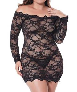 LINGERLOVE Sexy Spitze Negligee Grosse Grössen für Damen Babydoll Dessous Schulterloses Lingerie Nachtwäsche Spitzen-Kleid mit G-String S-4XL von LINGERLOVE